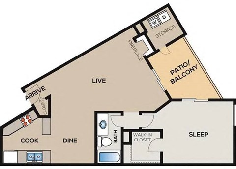 Floor plan for 1 bed, 1 bath, 832 sqft